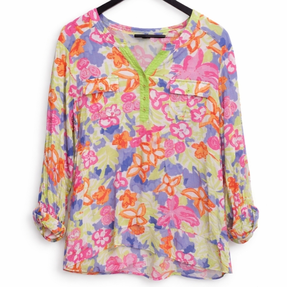 Westbound Spring Floral Roll Tab Sleeve Rayon Blouse Sz XL